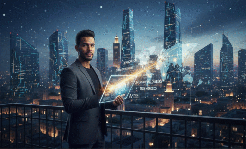 محترف مغربي في بيئة مستقبلية تمثل النجاح والفرص العالمية في مجال الذكاء الاصطناعي.