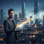 محترف مغربي في بيئة مستقبلية تمثل النجاح والفرص العالمية في مجال الذكاء الاصطناعي.