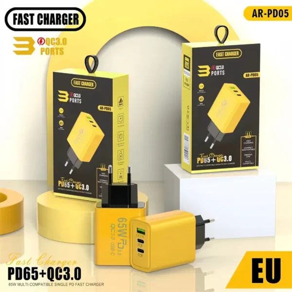 شاحن سريع 65 واط PD3.0 و QC3.0 بمنفذي USB-C ومنفذ USB-A شاحن حائط بثلاثة منافذ متعدد الحماية بتصميم مدمج (EU Plug)