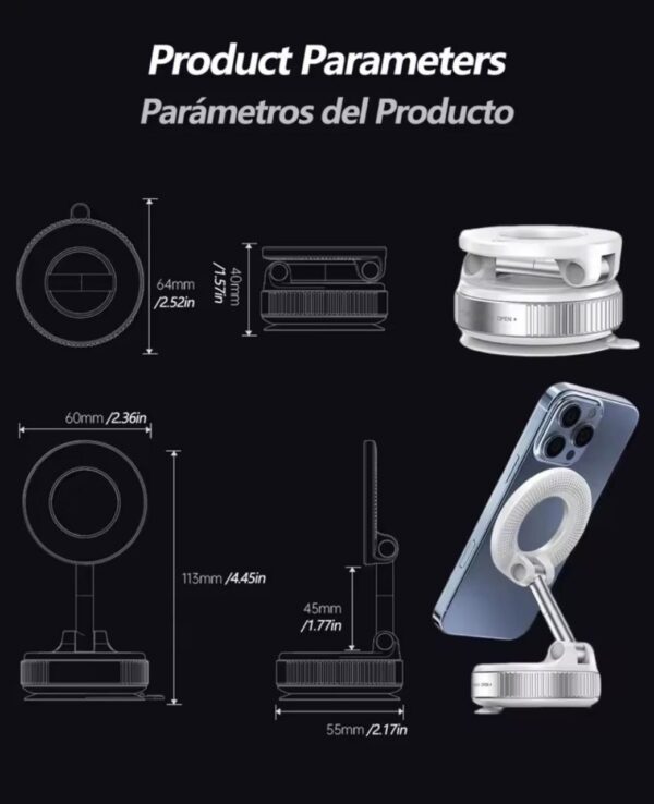 حامل هاتف سيارة مغناطيسي قابل للطي يوضح خاصية التعديل ثلاثي المحاور ودوران 360 درجة و 180 درجة