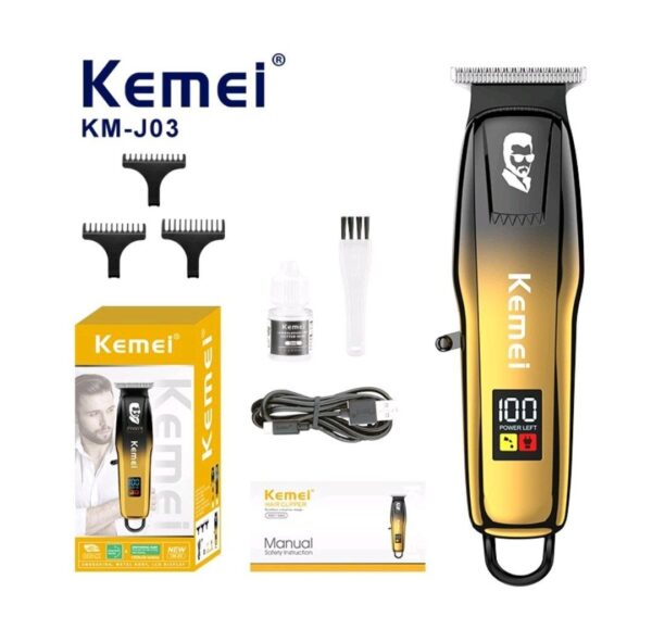 ماكينة حلاقة وتحديد احترافية Kemei KM-J03 الأصلية (ذهبي/أزرق) - شفرة حادة T-Blade، شاشة LED ذكية لعرض البطارية والتذكيرات، مثالية للحلاقين والاستخدام المنزلي - Image 5