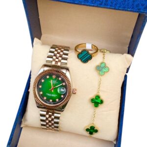 طقم إكسسوارات نسائي أخضر فاخر، ساعة يد ذهبي وردي وسوار زهرة البرسيم، طقم نسائي أحمر أسود