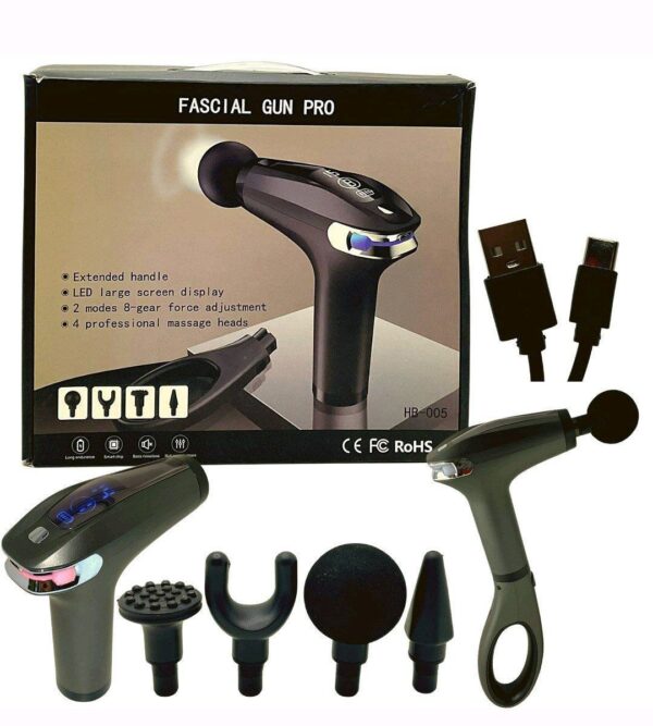مسدس تدليك عضلات احترافي (fascial gun pro) | 4 رؤوس، 8 مستويات قوة، بطارية 1800mah