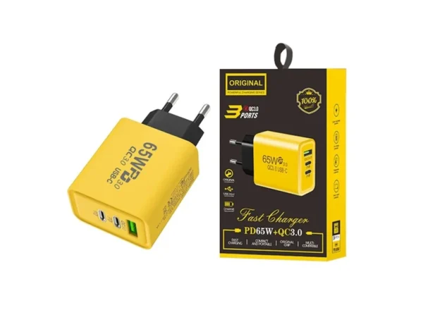 شاحن سريع 65 واط PD3.0 و QC3.0 بمنفذي USB-C ومنفذ USB-A شاحن حائط بثلاثة منافذ متعدد الحماية بتصميم مدمج (EU Plug) - Image 9