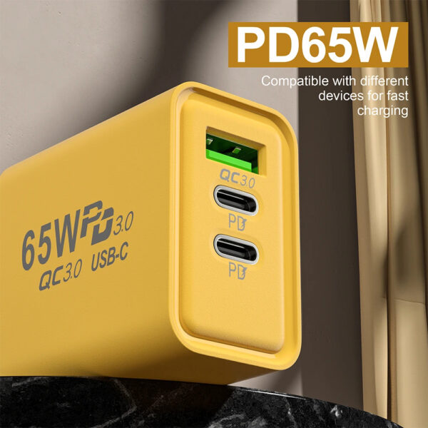 شاحن سريع 65 واط PD3.0 و QC3.0 بمنفذي USB-C ومنفذ USB-A شاحن حائط بثلاثة منافذ متعدد الحماية بتصميم مدمج (EU Plug) - Image 7