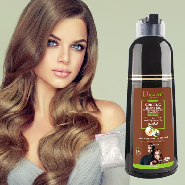 شامبو صبغة الشعر السريع Disaar بخلاصة الجينسنغ وزيت الحية، لون بني طبيعي 400 مل، لتغطية الشيب.