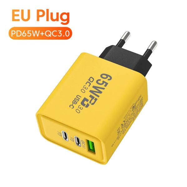 شاحن سريع 65 واط PD3.0 و QC3.0 بمنفذي USB-C ومنفذ USB-A شاحن حائط بثلاثة منافذ متعدد الحماية بتصميم مدمج (EU Plug) - Image 8