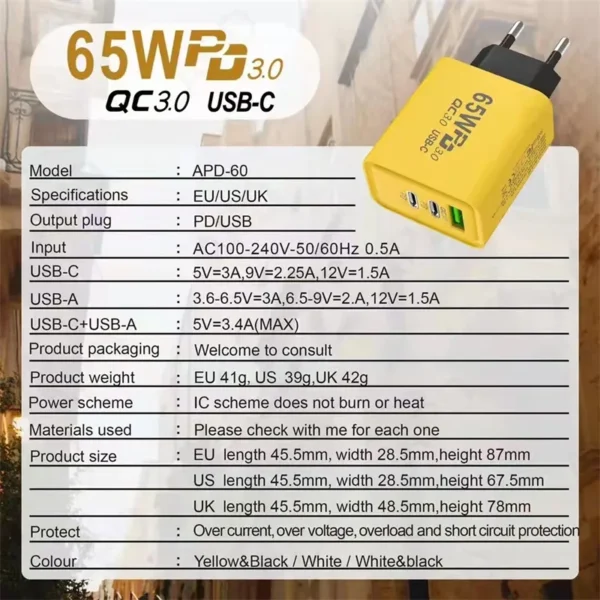 شاحن سريع 65 واط PD3.0 و QC3.0 بمنفذي USB-C ومنفذ USB-A شاحن حائط بثلاثة منافذ متعدد الحماية بتصميم مدمج (EU Plug) - Image 11