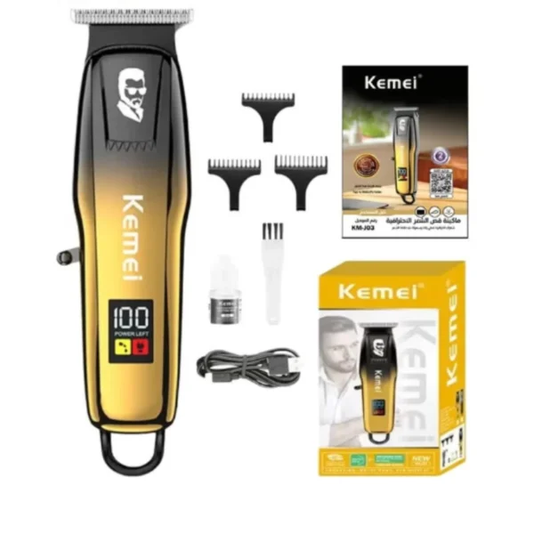 ماكينة حلاقة وتحديد احترافية Kemei KM-J03 الأصلية (ذهبي/أزرق) - شفرة حادة T-Blade، شاشة LED ذكية لعرض البطارية والتذكيرات، مثالية للحلاقين والاستخدام المنزلي - Image 3