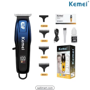 ماكينة حلاقة وتحديد احترافية Kemei KM-J03 الأصلية (ذهبي/أزرق) - شفرة حادة T-Blade، شاشة LED ذكية لعرض البطارية والتذكيرات، مثالية للحلاقين والاستخدام المنزلي