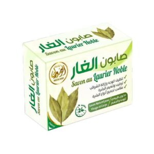 علبة صابون الغار الطبيعي ماركة هيربو رضوان للعناية بالوجه والجسم.